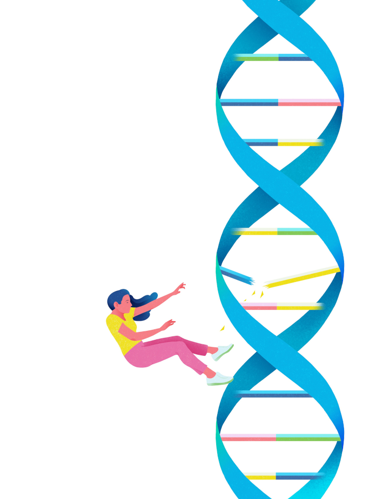 Illustration for faulty DNA, showing a woman falling off a broken rung of a genetic ladder.